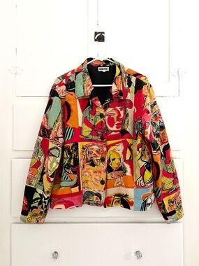 Kaktus Picasso Print Linen Blend Jacket Abstract Faces Artsy Vintage XL